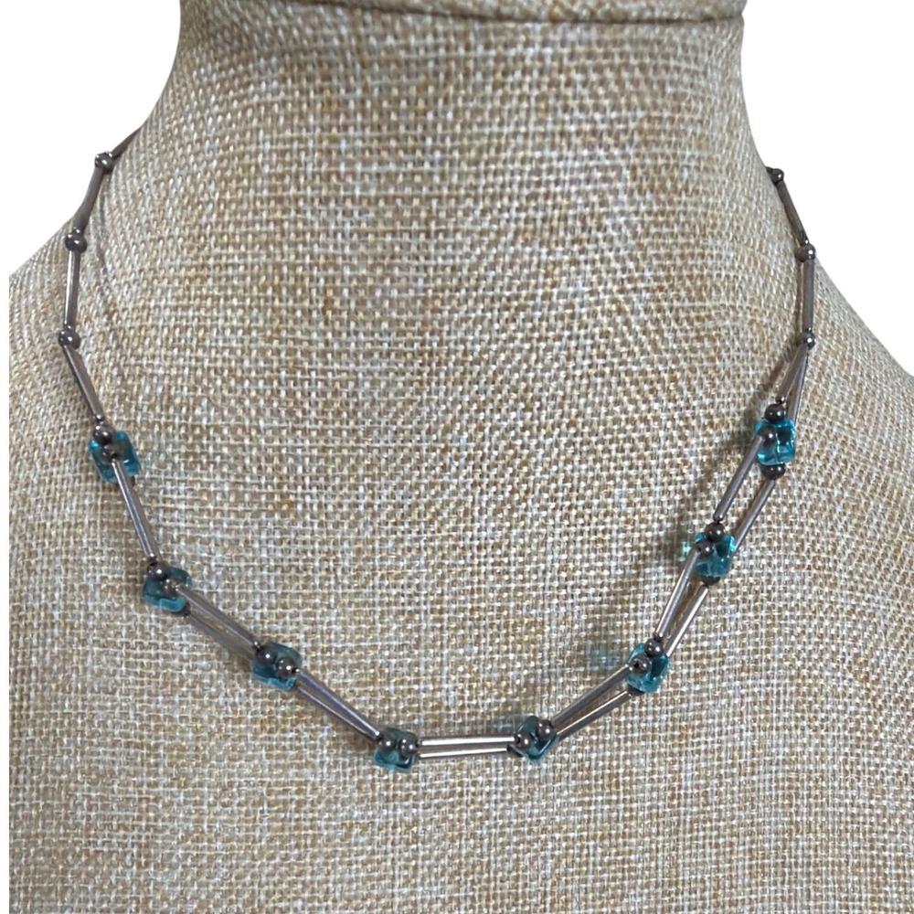 Turquoise Blue‎ Square Glass Bead Liquid Silver Bar Chain Necklace Boho Layering